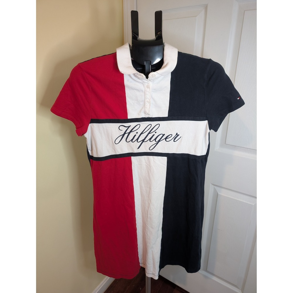 Tommy Hilfiger Polo Dress Red White Blue Colorblock Logo Script Banner -‎ Size M